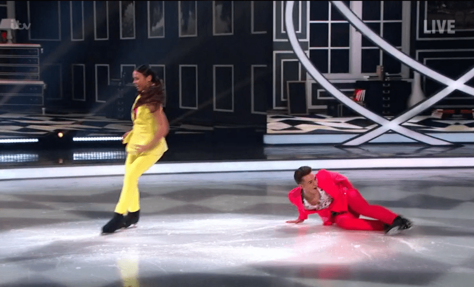 Emmerdale's Joe-Warren Plant takes a tumble on his first outing on ITV's Dancing On Ice