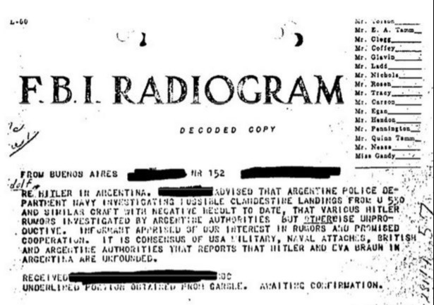 FBI radiogram showing fears of 'clandestine landings' by Nazis