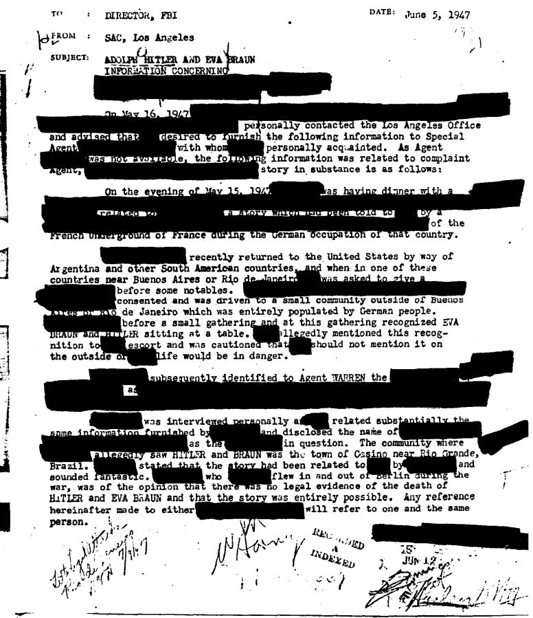 An informant claims to have spotted Hitler and Braun at a hotel in Brazil