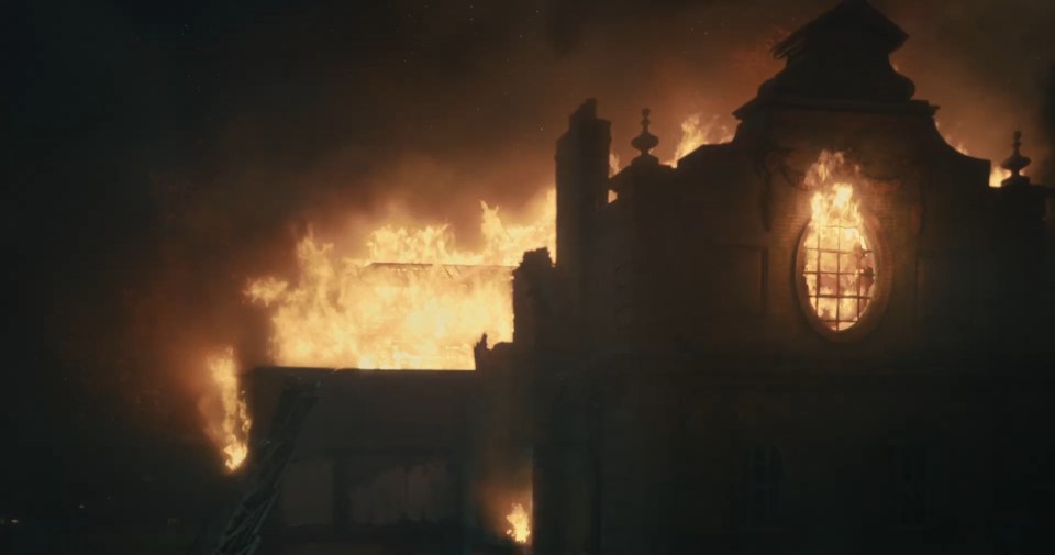 It looks like she sets fire to a building at one point