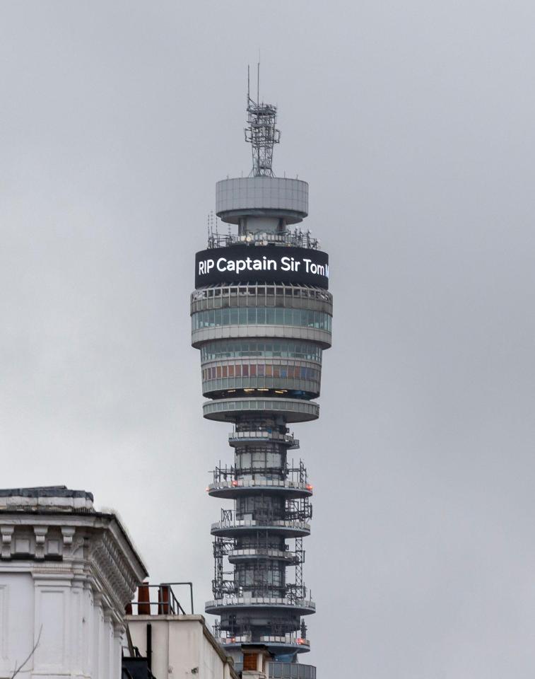 A message at the top of the BT Tower in Central London reads 'RIP Captain Sir Tom Moore'