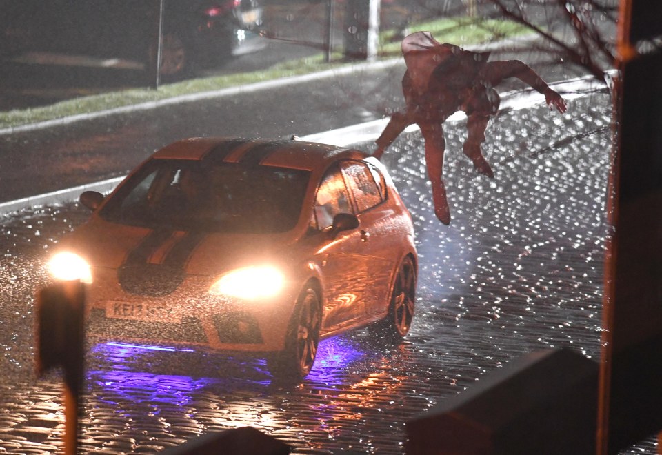 The star was pictured filming the dramatic scenes