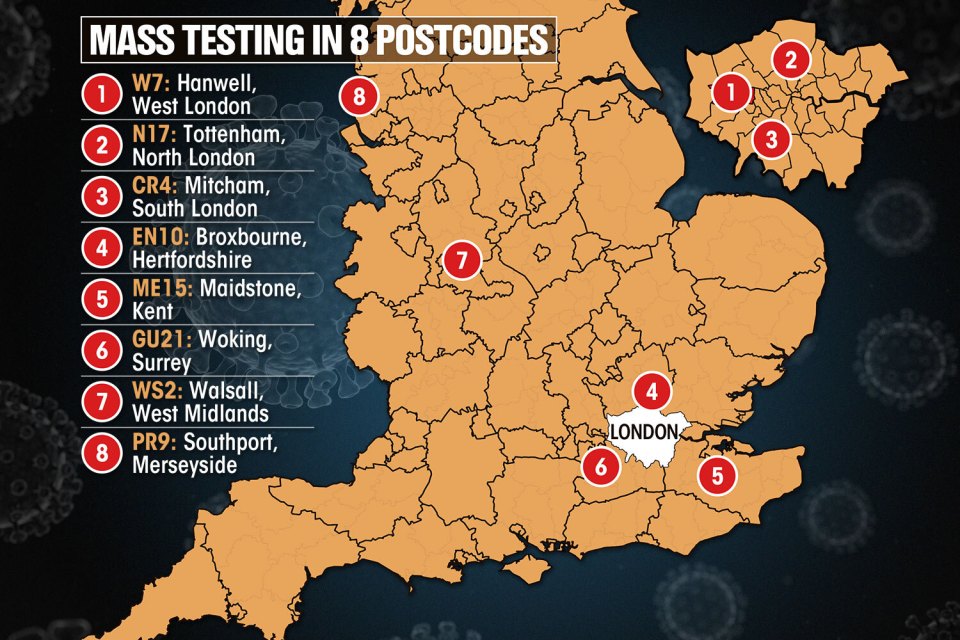 The Health Secretary said cases had been identified in the following areas: East of England (EN10) , London (W7, N17, CR4), North West (PR9) , South East (ME15, GU21) , West Midlands (WS2).