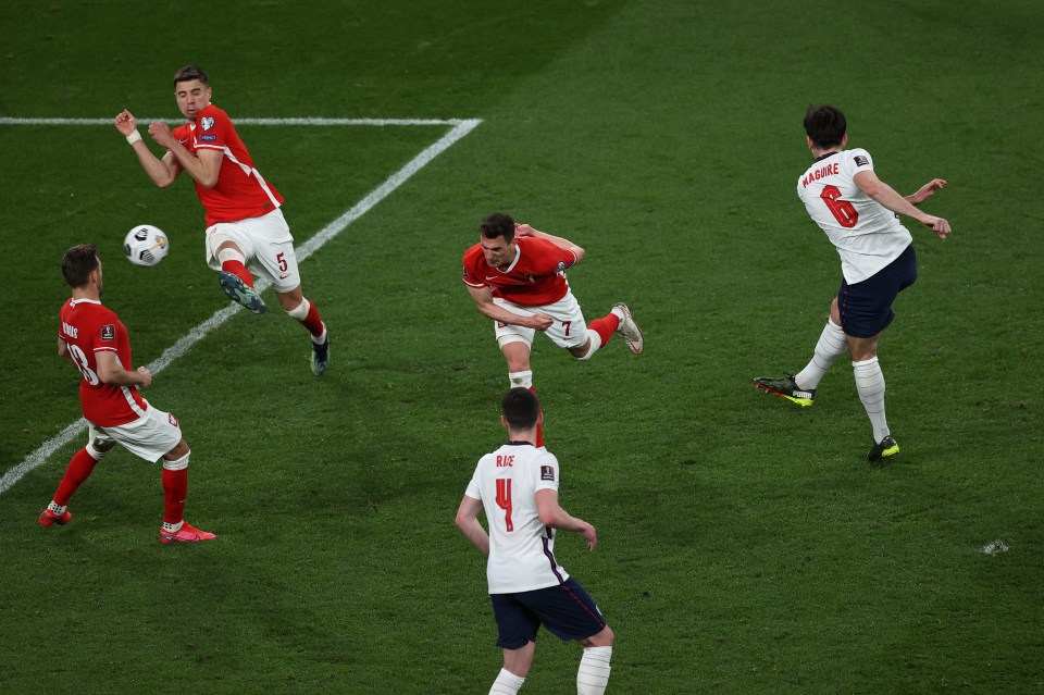 Maguire's thunderbolt of a strike avoided three or four Polish players before hitting the back of the net