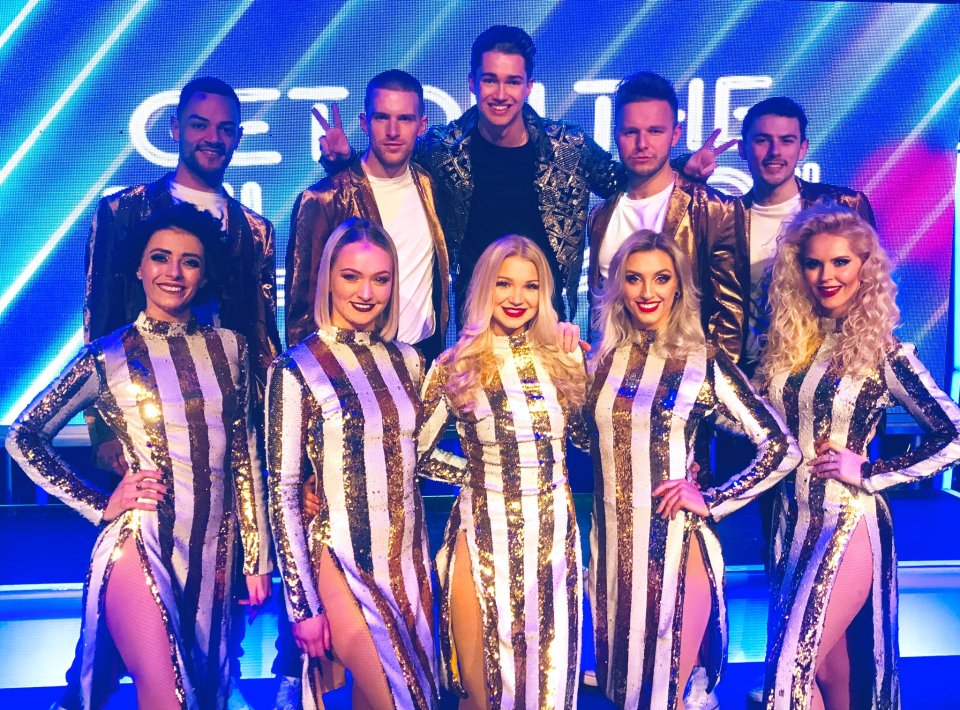 The couple met when Abbie (front centre) auditioned for AJ’s Get On The Floor Live tour