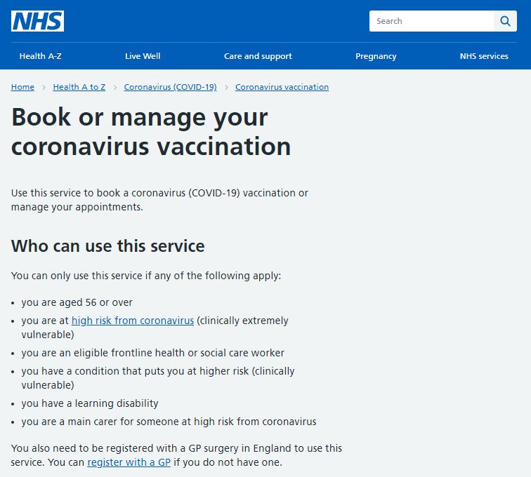 The NHS booking website is now allowing anyone in this group to pick an appointment