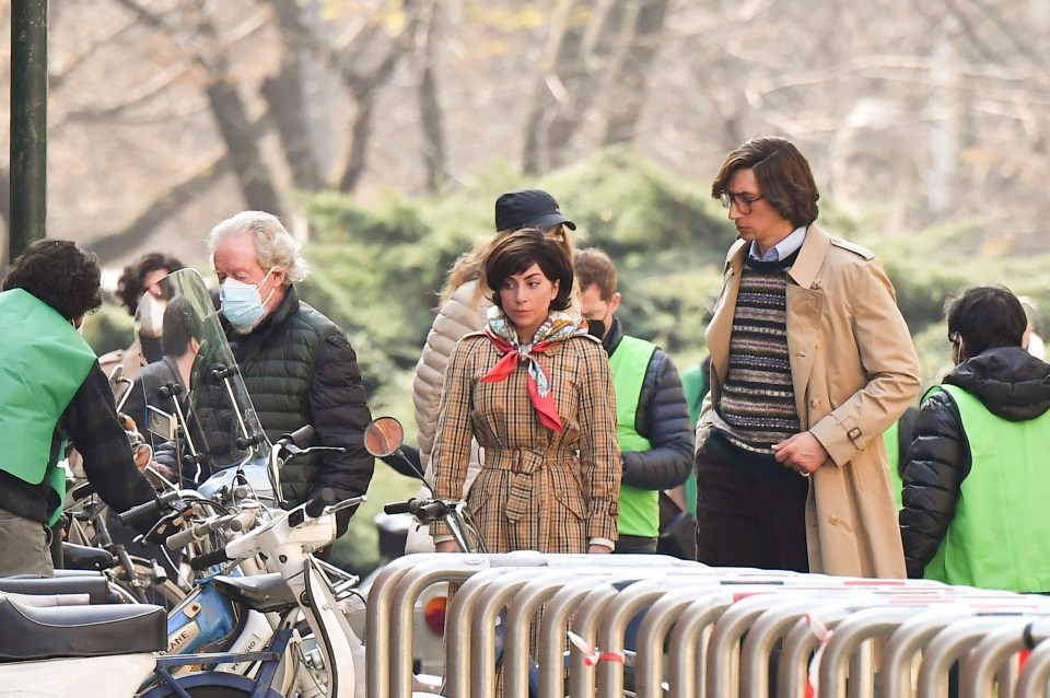 Lady Gaga donned a Burberry trench coat, while Adam Driver sported a similar style jacket