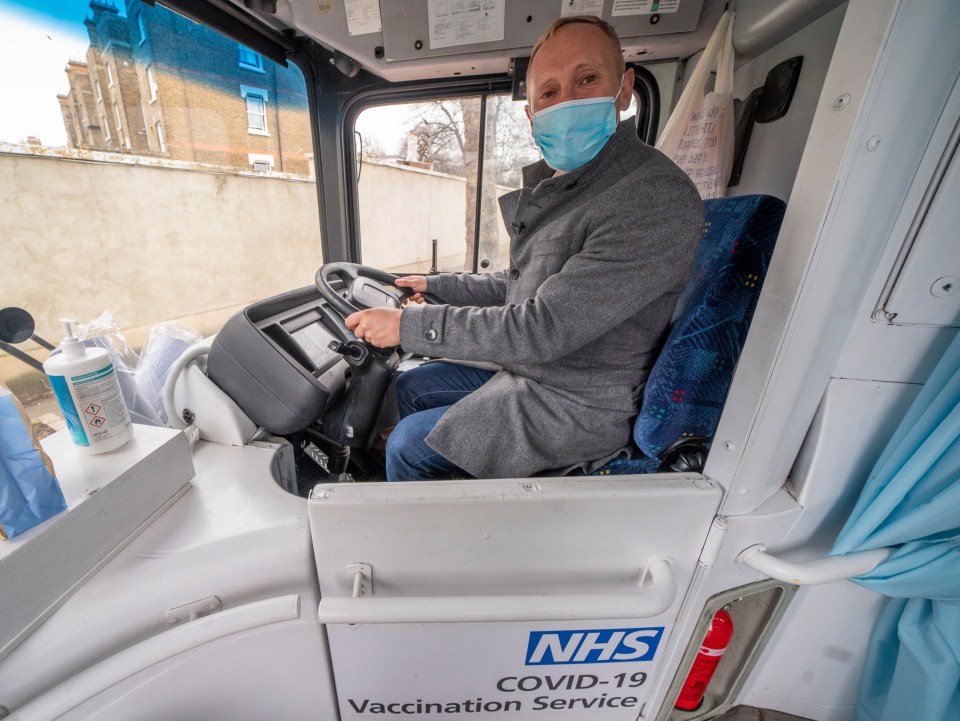 Judge Rinder gets behind the wheel of an NHS vaccination bus