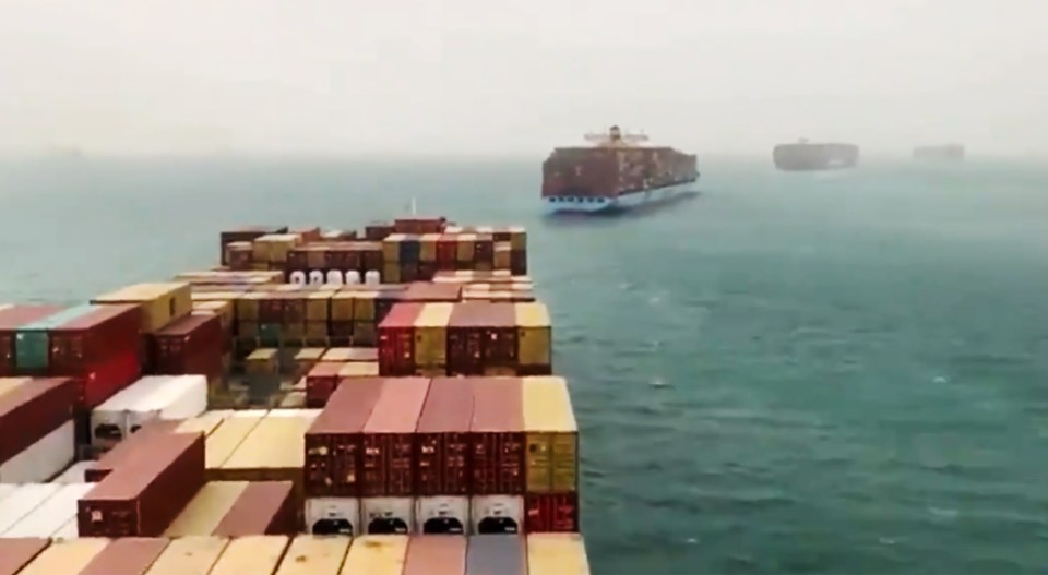 A line of ships waiting at the Suez Canal