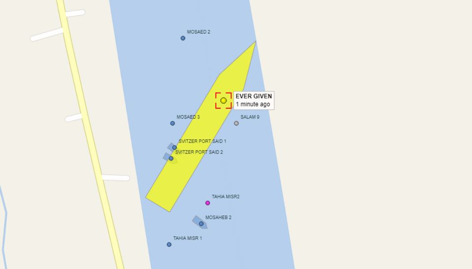 Another graphic from shipping website Vessel Finder shows how the ship completely blocked the canal, leaving smaller cargo stranded