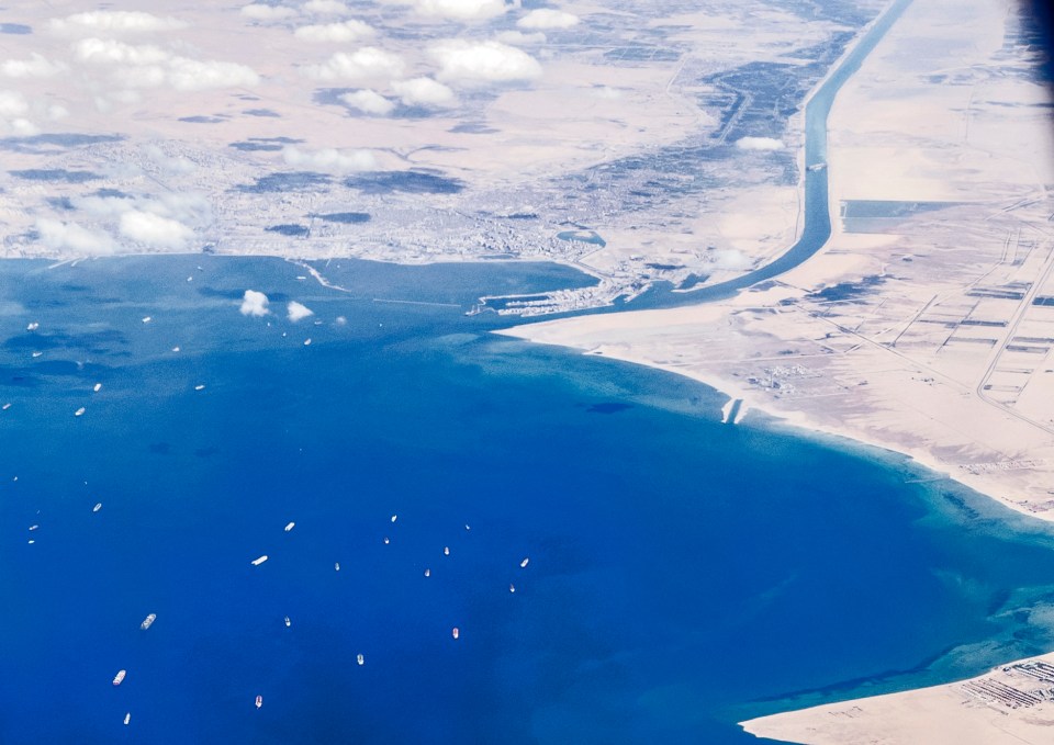 Stranded ships waiting in queue in the Gulf of Suez