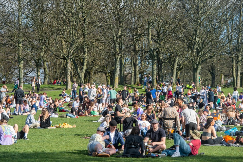 Crowds gathered to make the most of the warmth in Hyde Park, Leeds as the rule of six returns