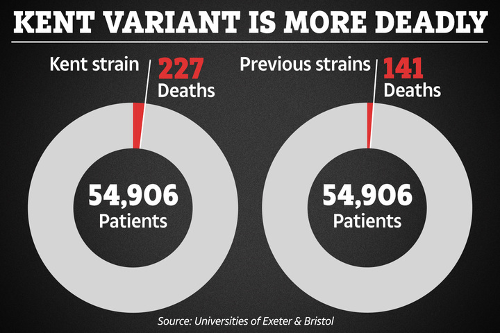 The Kent strain of the virus is more lethal than the original one, causing twice as many deaths