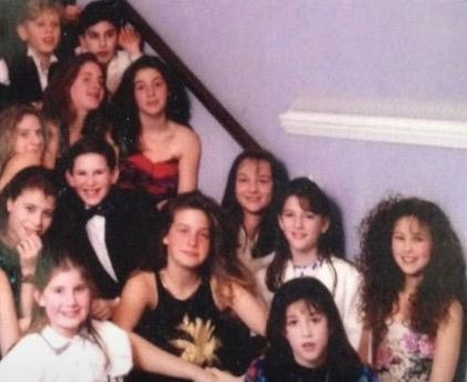 Rob Rinder (top left corner) at his barmitzvah party with Rachel Stevens (far right)