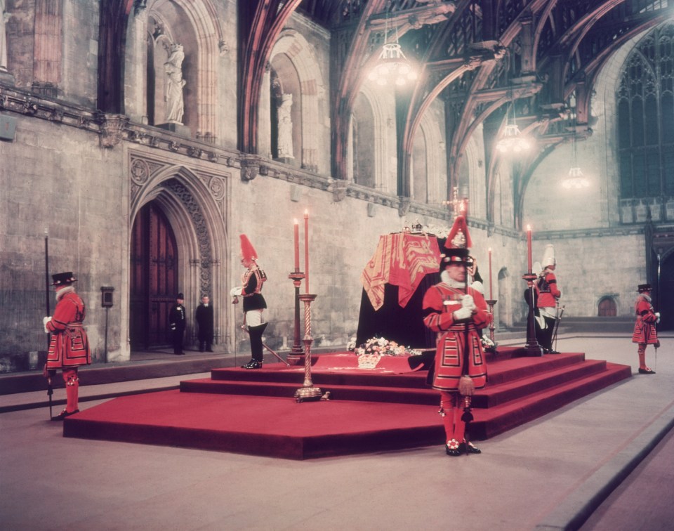 The body of King George VI lying in state in Westminster Hall before being taken to St George's Chapel, Windsor, for burial