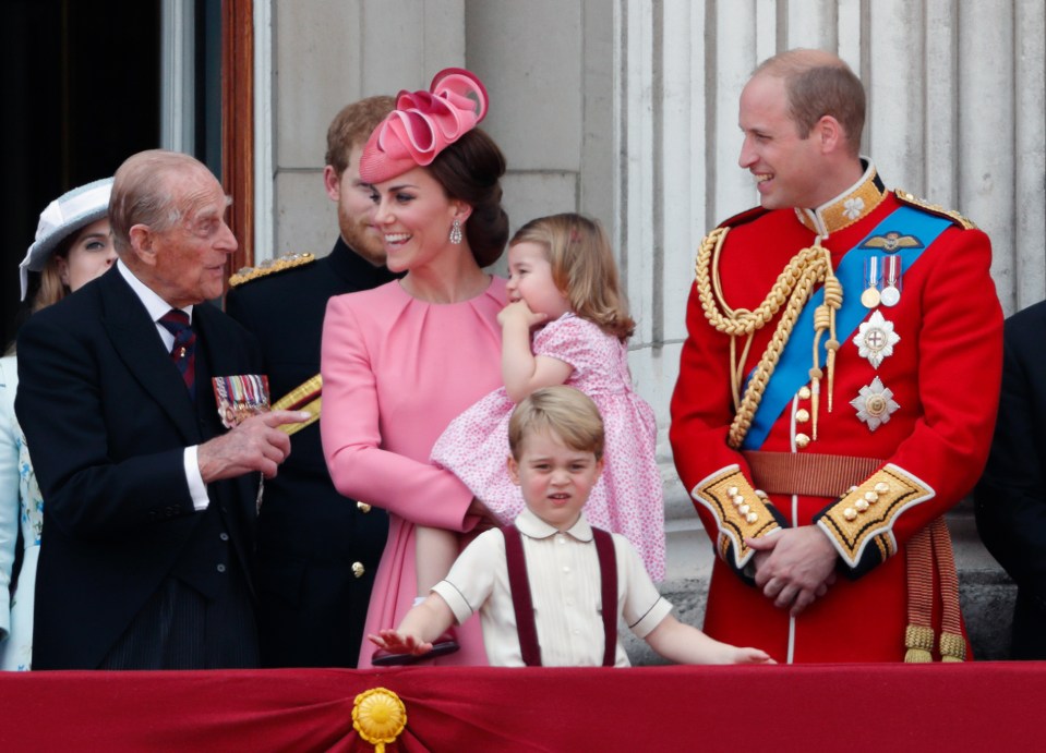 Prince Philip pictured with Kate, William, Harry, George and Charlotte during the annual Trooping the Colour Parade on June 17, 2017