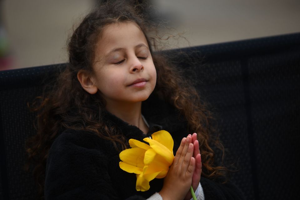 A young girl holds a yellow flower outside Buckingham Palace