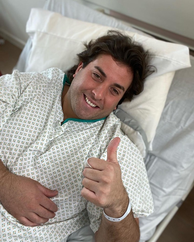 Arg giving the thumbs up from his hospital bed just two days after undergoing the gastric surgery