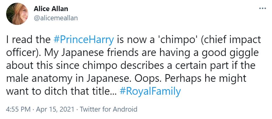Social media users have poked fun and the role as 'chimpo' is slang for 'penis' in Japanese