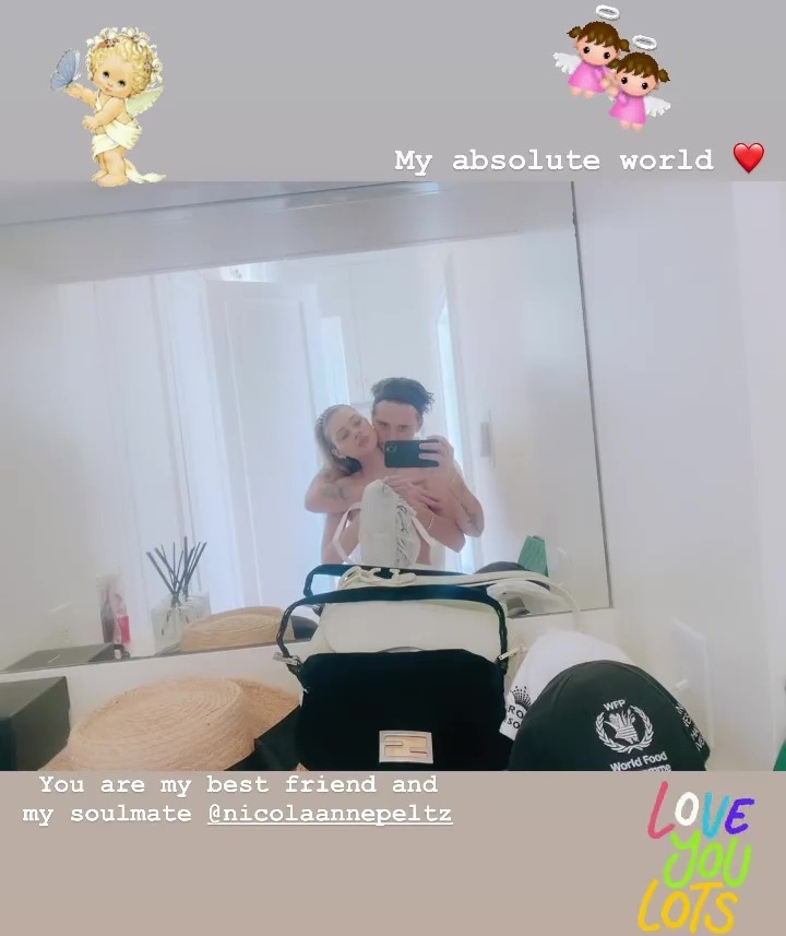 Brooklyn Beckham shared a shirtless selfie of him and fiancée Nicola Peltz on Instagram