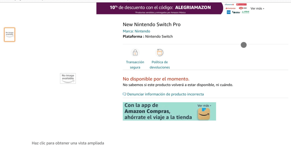 A screenshot purporting to show a Nintendo Switch Pro listing on Amazon Mexico