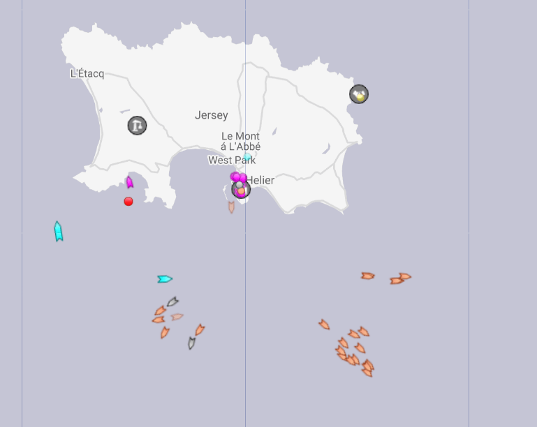 An online vessel tracker showed the French fishing boats (orange) retreating from Jersey just after 1pm. The two Royal Navy gunships (light blue) can still be seen off the coast of the island