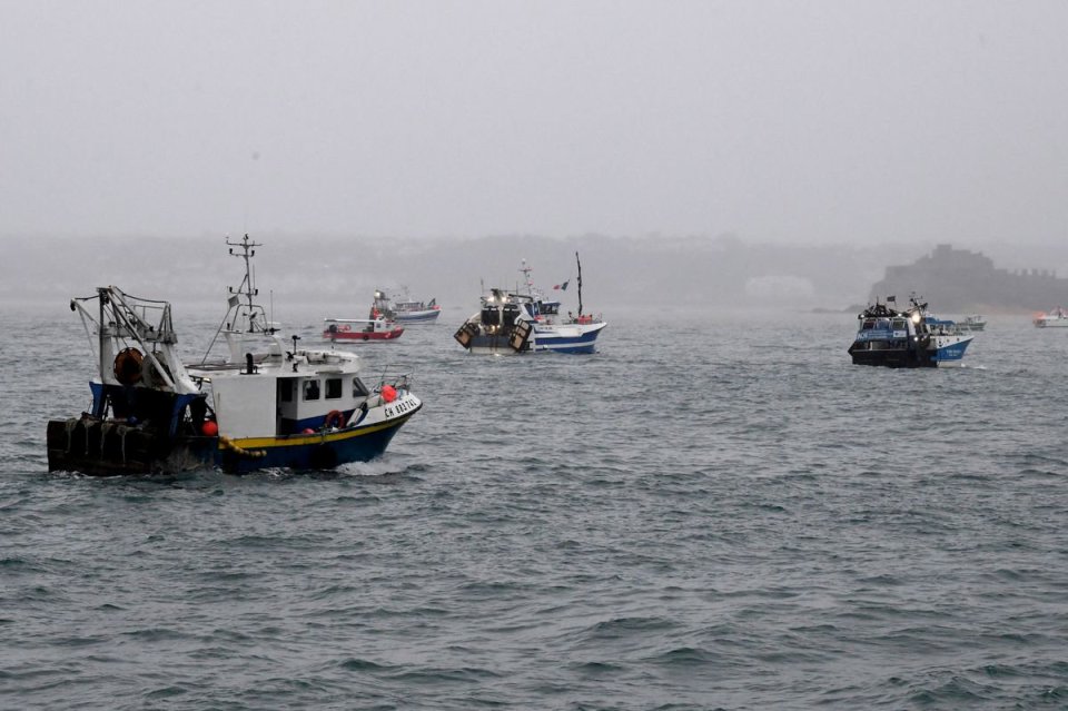 A flotilla of fishing vessels is seen in St Helier harbour, Jersey, as French fishermen protest post-Brexit changes to fishing in the area