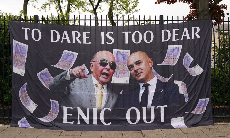 Spurs fans hang a banner protesting against Daniel Levy