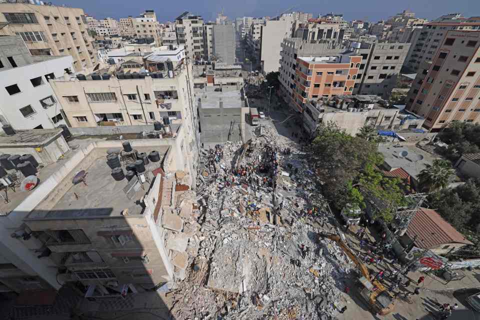 The rubble of a destroyed building in Gaza City's Rimal residential district