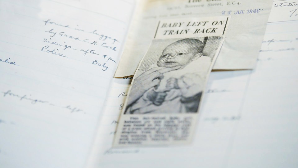 Press clipping show Marguerite as a baby left on a luggage rack of a train in Paddington station just after the 2nd World War
