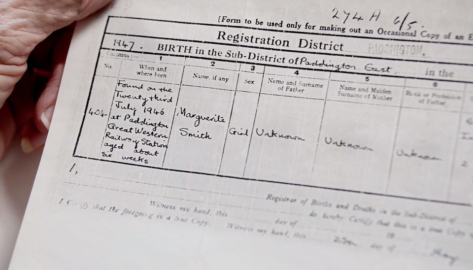 Marguerite's birth certificate with parents marked as "Unknown"