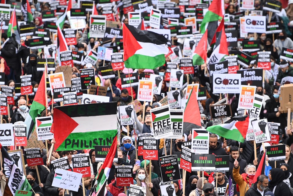 Banners were held up by the protesters as they walked through London