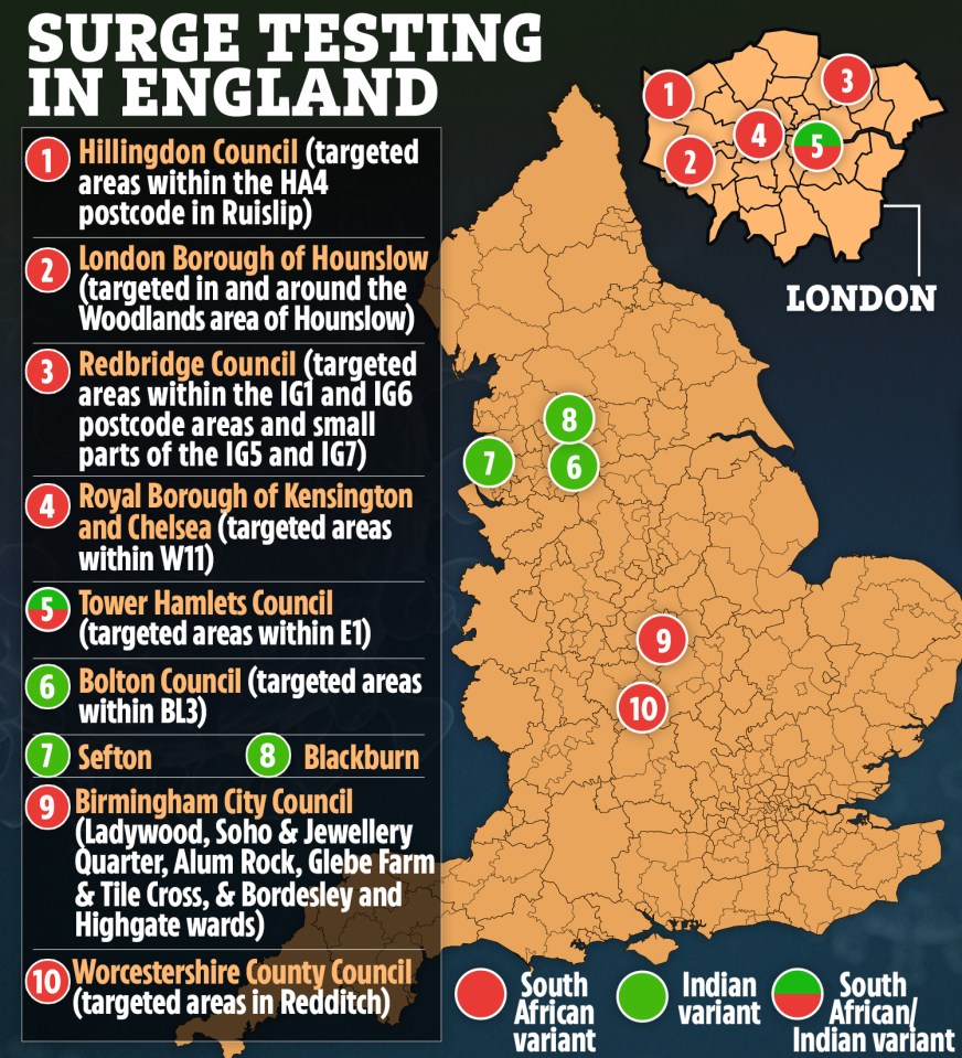 The map above shows areas where surge testing is being carried out in England