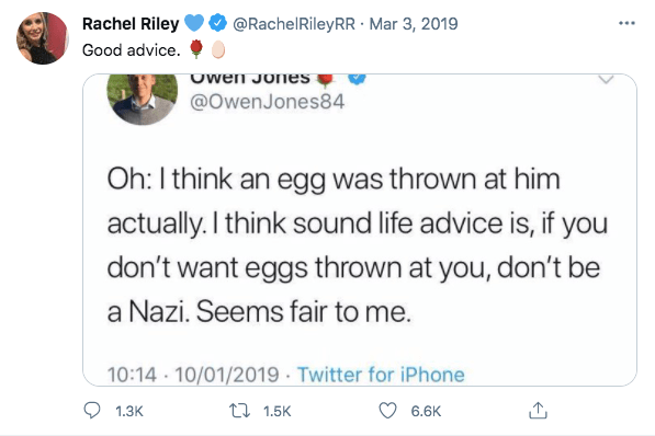 Riley shared this tweet after Jeremy Corbyn had an egg thrown at him