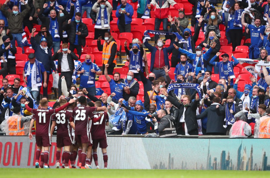 Leicester share their goal joy with their supporters at Wembley