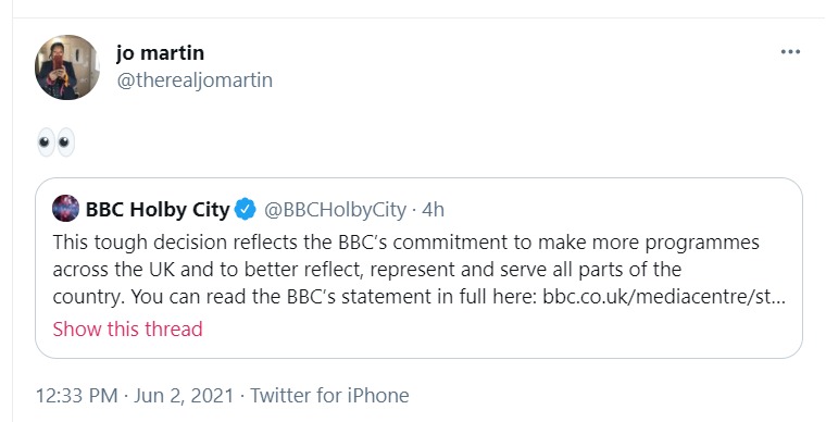 Jo Martin left a simple tweet of the eye emoji