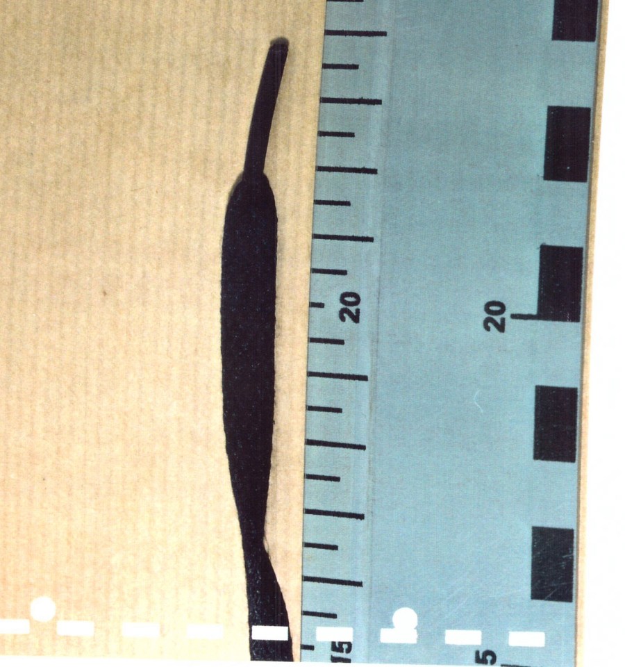 The 99cm black bootlace was found recently by police after being lost for 14 years. It was dropped at the scene by the killer