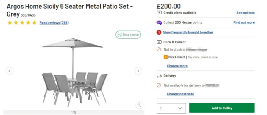 This metal patio set was unavailable to buy in a number of postcodes