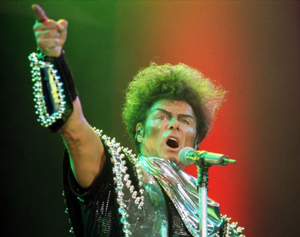 Gary Glitter on stage at the Cardiff International Arena in 1999