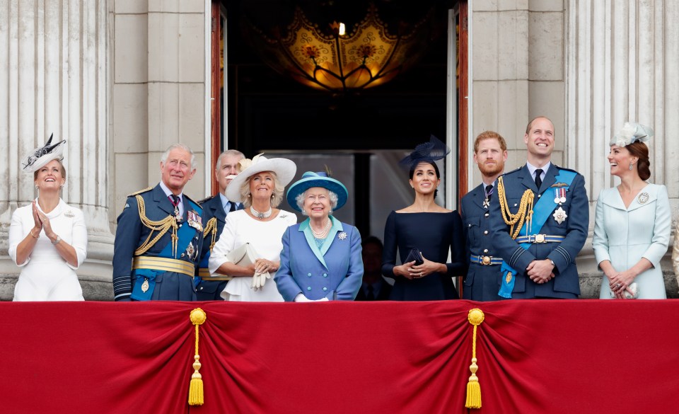 The royals watch a flypast from the balcony at Buckingham Palace, 2018