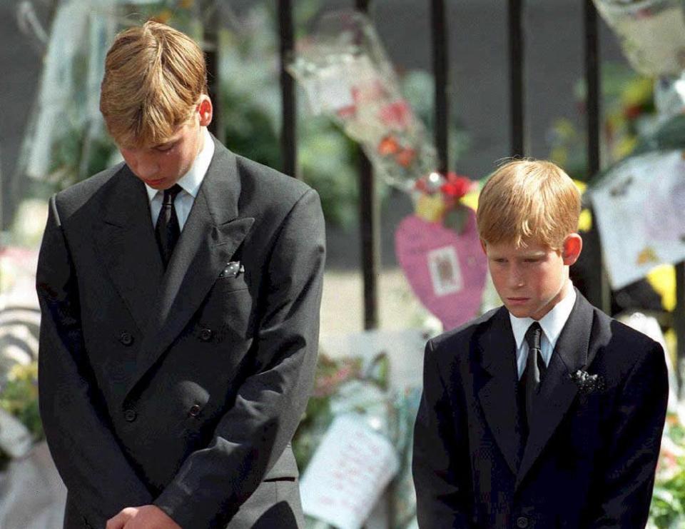 William and Harry bow their heads as their mother's coffin is taken out of Westminster Abbey