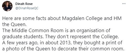 President of Magdalen College Dinah Rose weighed in on the controversy