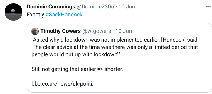 Mr Cummings wants Mr Hancock to be sacked