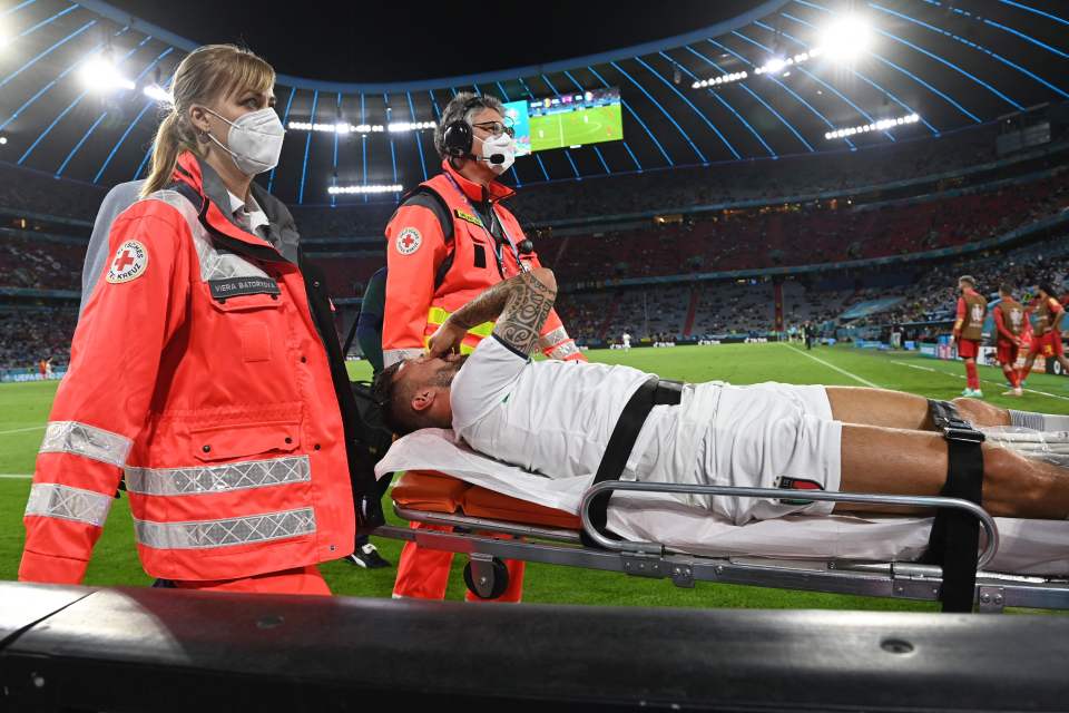 Italy star Leonardo Spinazzola was carried off in tears after he ruptured his Achilles tendon