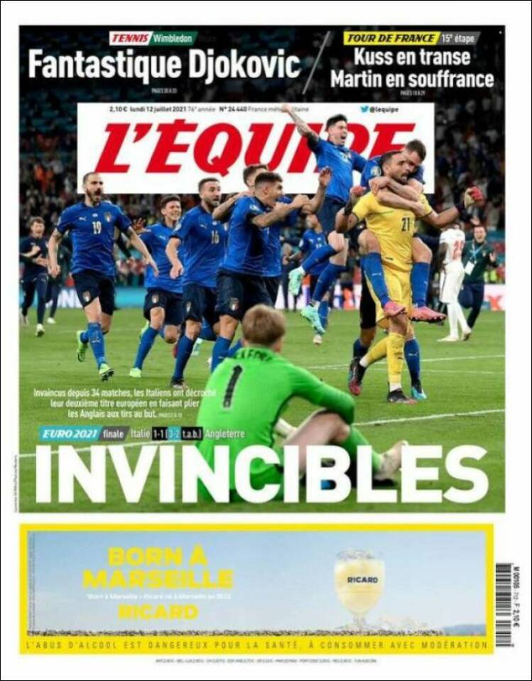 L'Equipe in France show Jordan Pickford watching on as Italy celebrated