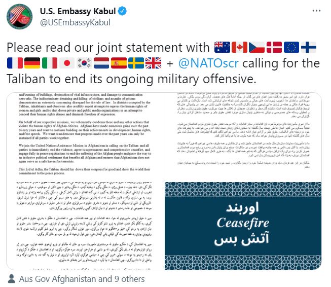 The statement, led by the US embassy in Kabul, urged peace