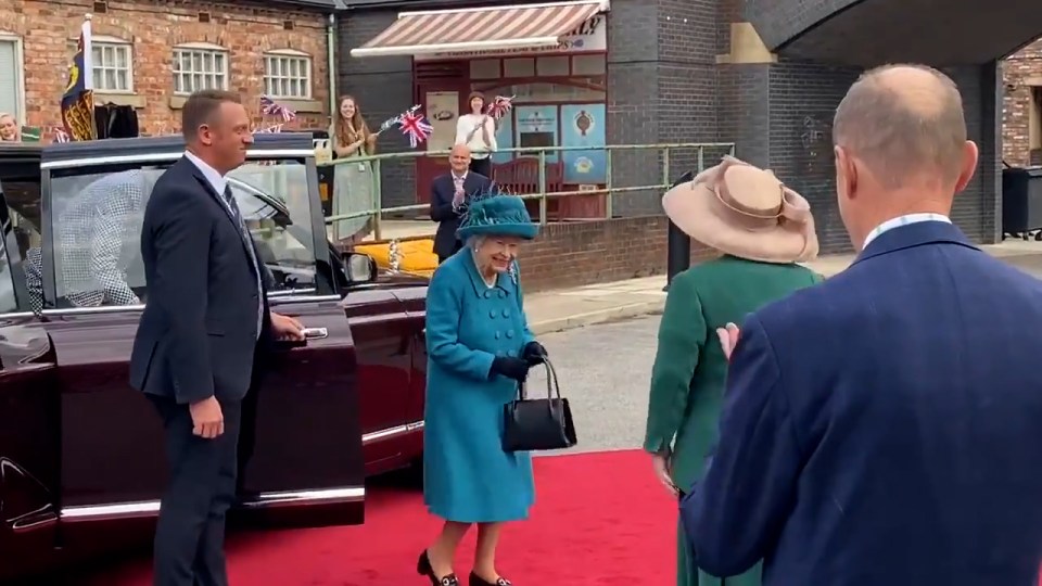 The Queen arrived to red-carpet reception at the set of the long-running soap opera today