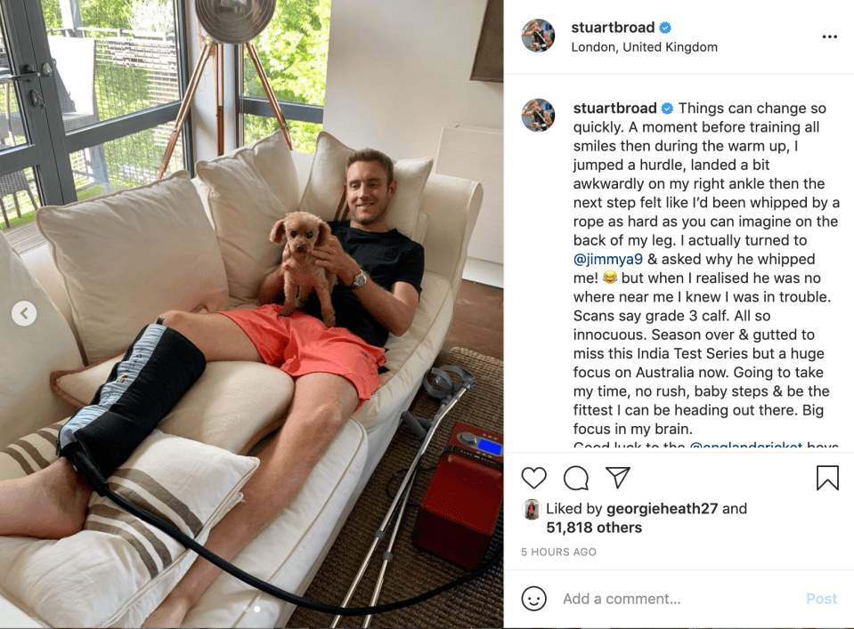 Broad shared the diagnosis of his injury with those following him on social media
