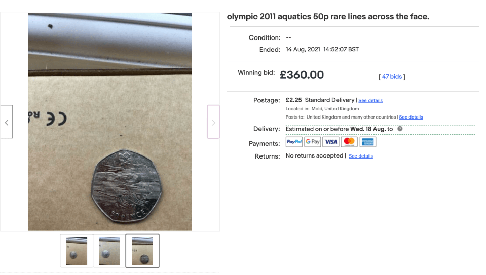 Almost 50 bids raised the price of the coin from the £1 starting bid to £360