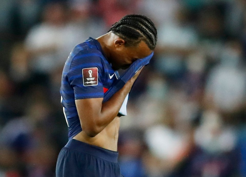 Devastated Jules Kounde trudges off after being sent off for France against Bosnia